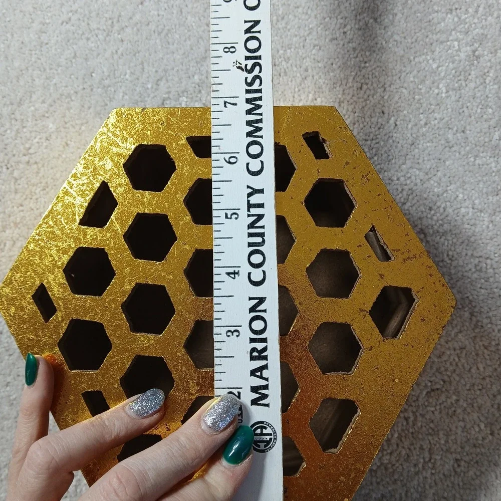 Wooden Honeycomb Hexagon Nesting Box Bee Decor Sign Gold Foil Metallic Shiny